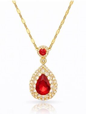 Red Crystal Teardrop Pendant 18K Gold Plated Necklace